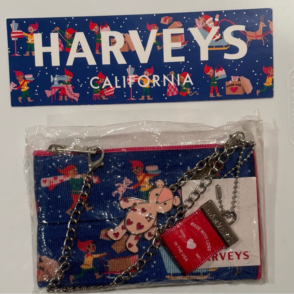 Harveys Christmas Santa’s Elves Workshop coin purse, charm, hang tag, & sticker